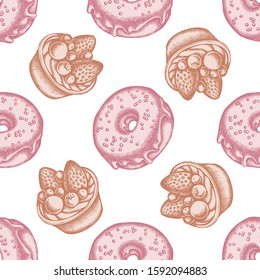 Seamless pattern with hand drawn pastel donut, tartlet