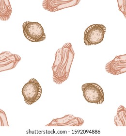 Seamless pattern with hand drawn pastel eclair, truffle