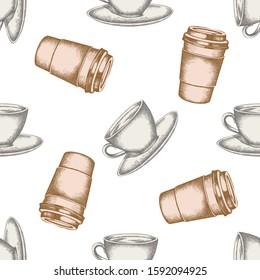 Seamless pattern with hand drawn pastel coffee cups, paper cup