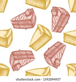 Seamless pattern with hand drawn pastel cheesecake, cake