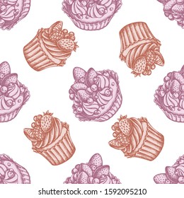 Seamless pattern with hand drawn pastel cupcake, cake