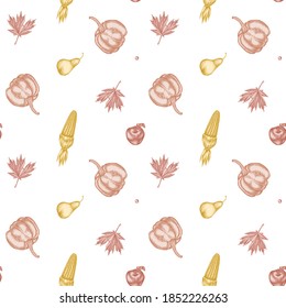 Seamless pattern with hand drawn pastel pumpkin, pears, corn, apples, rowan, maple