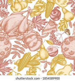 Seamless pattern with hand drawn pastel pumpkin, fork, knife, pears, turkey, pumpkin pie, apple pie, corn, apples, rowan, maple, oak