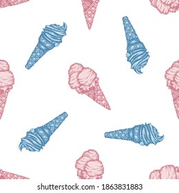 Seamless pattern with hand drawn pastel ice cream cones