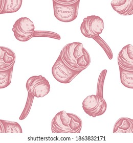 Seamless pattern with hand drawn pastel ice cream bucket, ice cream scoop