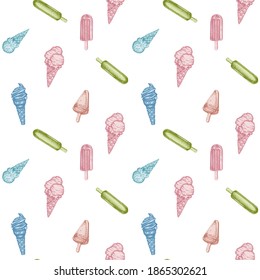 Seamless pattern with hand drawn pastel popsicle ice cream, ice cream cones