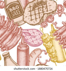 Patrón sin foco con costillas de cerdo pastel dibujadas a mano, kebab, salchichas, bistec, botellas de salsa, hamburguesas a la parrilla, tomate a la parrilla, filete de salmón a la parrilla, pimienta a la parrilla