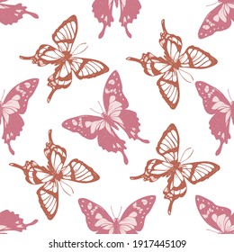 Seamless pattern with hand drawn pastel purple spotted swallowtail, octauius swordtail