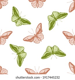 Seamless pattern with hand drawn pastel common green birdwing, wallace s golden birdwing