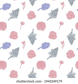 Seamless pattern with hand drawn pastel peony, carnation, ranunculus, wax flower, ornithogalum, hyacinth