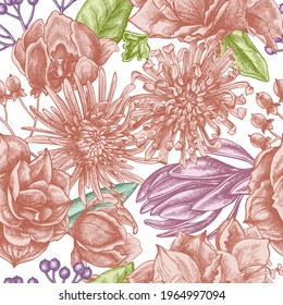 Seamless pattern with hand drawn pastel viburnum, hypericum, tulip, aster, leucadendron, amaryllis