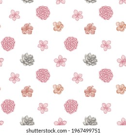 Seamless pattern with hand drawn pastel hibiscus, plum flowers, peach flowers, sakura flowers, magnolia flowers, camellia japonica