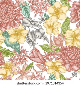 Seamless pattern with hand drawn pastel plumeria, allamanda, clerodendrum, champak, etlingera, ixora