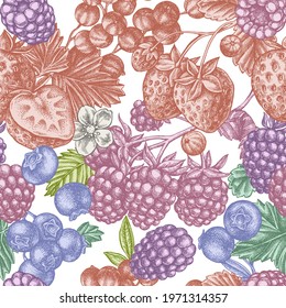 Seamless pattern with hand drawn pastel strawberry, blueberry, red currant, raspberry, blackberry