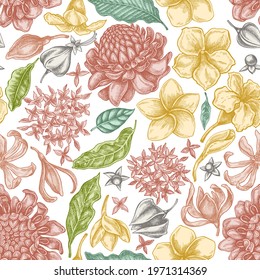 Seamless pattern with hand drawn pastel plumeria, allamanda, clerodendrum, champak, etlingera, ixora