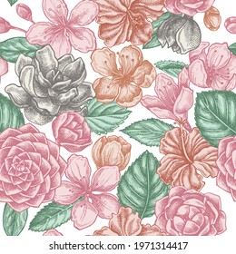 Seamless pattern with hand drawn pastel hibiscus, plum flowers, peach flowers, sakura flowers, magnolia flowers, camellia japonica