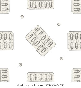 Seamless pattern with hand drawn pastel pills and medicines