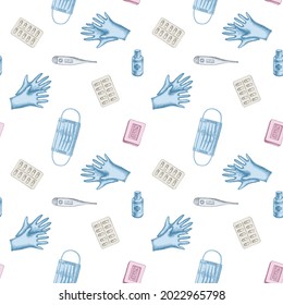 Nahtlose Muster mit handgezeichneten Pastellpillen und Arzneimitteln, medizinischer Gesichtsmaske, Sanitier-Flaschen, medizinischem Thermometer, Seife, medizinische Handschuhe