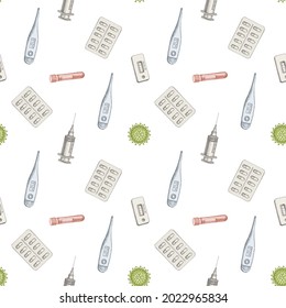 Seamless pattern with hand drawn pastel vial of blood, pills and medicines, medical thermometer, coronavirus rapid test, coronavirus bacteria cell, syringe
