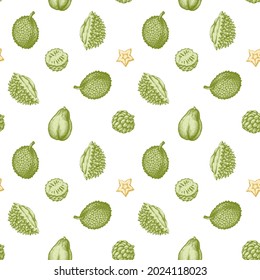 Seamless pattern with hand drawn pastel papaya, starfruit, durian, jackfruit, sugar-apple, soursop