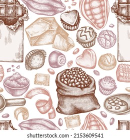 Seamless pattern with hand drawn pastel cocoa beans, cocoa, chocolate, chocolate candies