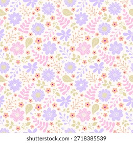 Seamless pattern with hand drawn pastel flowers in purple, pink, and orange. Cute botanical background for nursery and textiles.