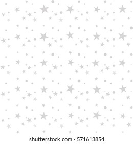 Seamless pattern with hand drawn pastel gray messy stars, dots on white background. Sky background. Cute wrapping paper. Vector illustration.