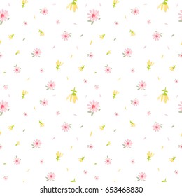 Seamless Pattern of Hand Drawn Pastel Flowers and Petals on White Background