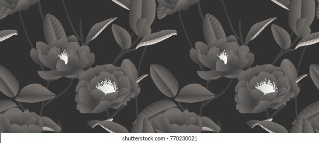 Seamless pattern, hand drawn pastel black Peony flowers with leaves on black background