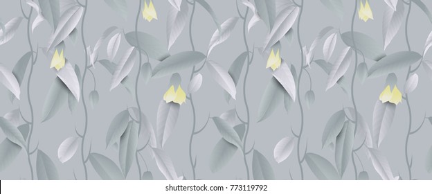 Seamless pattern, hand drawn pastel green leaves and yellow flowers with curve branch on green background