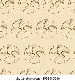 Seamless pattern with hand drawn pastries, vector. Buns outlines isolated background. Element for the design of your cafe, restaurant, menu, packaging, fabric.
