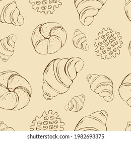 Patrón sin inconvenientes con bollería de mano, vector. Croissant, bun, waffels esbozan el fondo aislado. Elemento para el diseño de su café, restaurante, menú, empaque, tela.