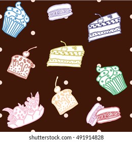 Seamless pattern with hand drawn pastries, cupcakes
