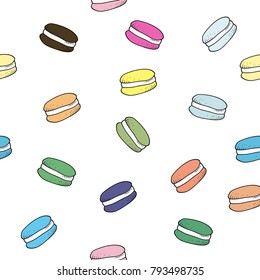 Seamless pattern with hand drawn pastry colorful macaroon cookies. Vector illustration
