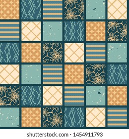 Seamless pattern. Hand drawn patchwork quilt grid. Festive folk art mosaic collage background. Traditional geometric holiday all over print. Yuletide gift wrapping paper illustration. Vector swatch