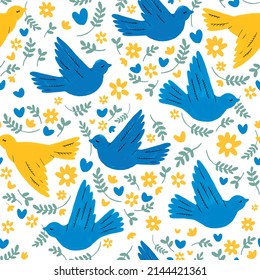 Seamless pattern of hand drawn peace doves in blue and yellow colors. Cute illustration for background, wrapping paper, wallpaper, fabric.