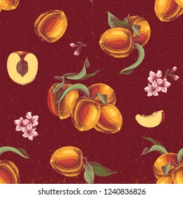 Seamless pattern with hand drawn peach branches, flowers and slices on dark background. Vector illustration