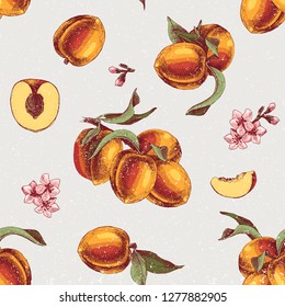 Padrão contínuo com ramos de pêssego desenhados à mão, flores e fatias. Ilustração vetorial