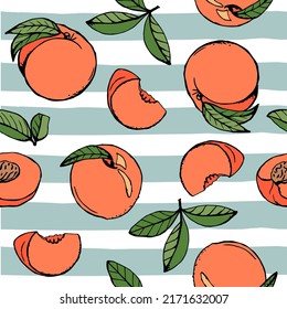 Seamless pattern with hand drawn peaches on a striped background. Juicy summer background. Summer vibes. Vector texture for textile, postcard, wrapping paper, packaging etc. Vector illustration.