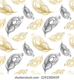 Patrón sin foco, plumas de pavo real dibujadas a mano sobre un fondo blanco. Fondo, impresión, textil elegante, vector	
