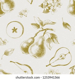 Seamless pattern with hand drawn pears in retro style. Vector illustration