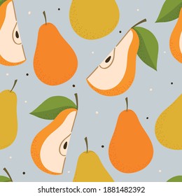 Seamless pattern with hand drawn pears and leaves for fabric, textile, wrapping, apparel, wallpaper. Kids background with fruits.