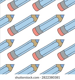 Seamless Pattern with Hand Drawn Pencils, Back to School Stationery, Flat Vector Illustration, Repeating Background for Fabric, Textile, Wrapping Paper, Scrapbooking and School Supplies