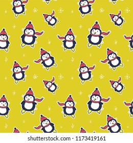 Seamless pattern with hand drawn penguin. Vector illustration.
