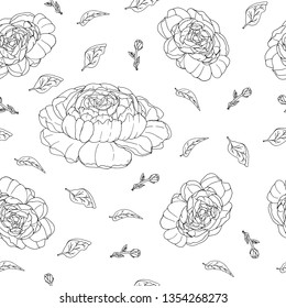 seamless pattern with hand drawn peonies black and white lines vector illustration