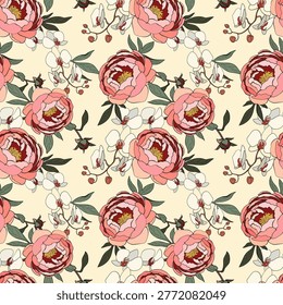 Seamless pattern of hand drawn peonies and orchid branches on pale background. Vintage colours, textile print.