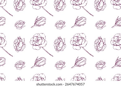 Padrão contínuo de flores de peônia desenhadas à mão e botões em fundo branco.