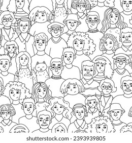 Seamless pattern of hand drawn people faces. Vector illustration of crowd of people.