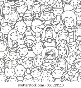Seamless pattern of hand drawn people faces. Vector illustration of crowd of people
