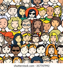 Seamless pattern of hand drawn people faces. Vector illustration of crowd of people